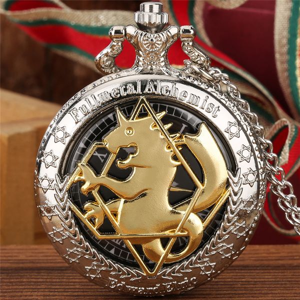 Silber Uhren Ausgehöhltes Gehäuse Fullmetal Alchemist Cover Männer Frauen Römische Zahl Quarz Taschenuhr Halskette Kette Geschenke