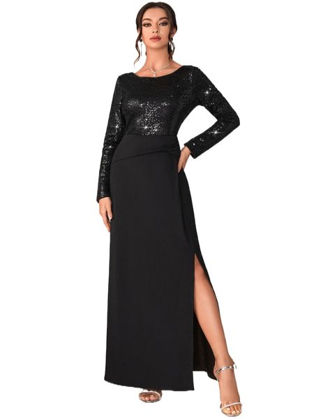 

contrast sequin split hem prom dress i8q0#, Black;gray