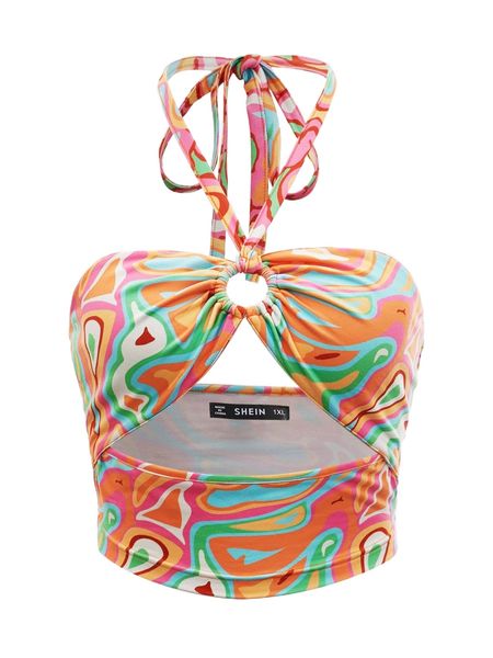 

plus allover print cut out halter m2vj#, Black