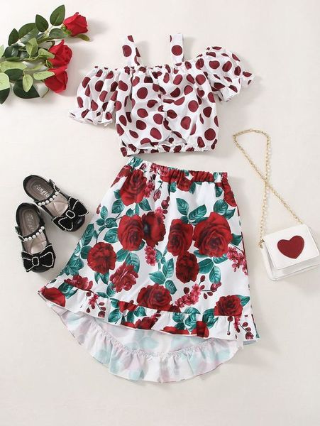 

toddler girls polka dot print & floral print high low hem skirt she, White