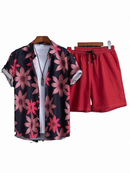 

men floral print shirt & solid shorts without tee m8ya#, Gray