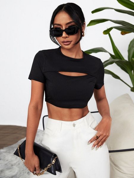 

solid cut out crop tee b9fe#, White