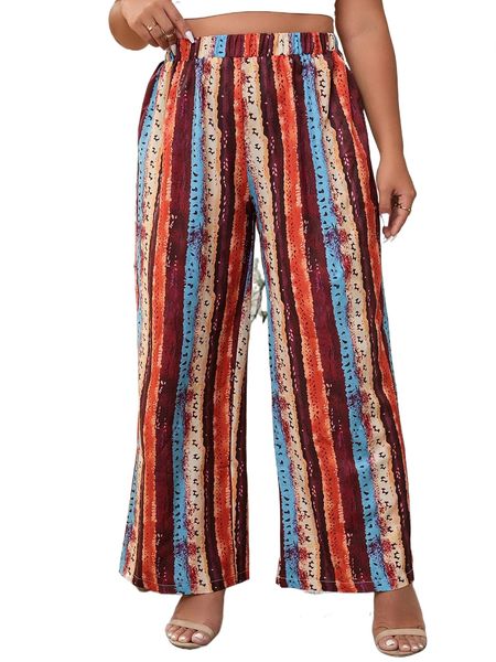 

plus striped high waist wide leg pants 16u4#, Black