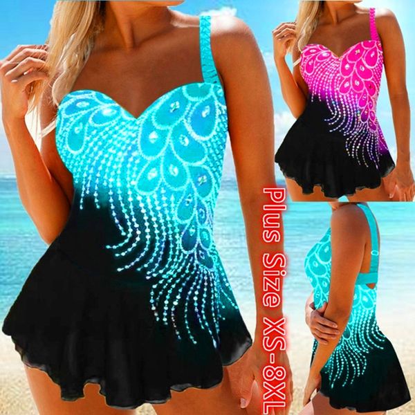 Kadın mayo mayo mayo tankini bikini monokini yüzme plaj kıyafeti artı boyutu tüy baskı kontrast renk patchwork bölünmüş seksi ince iki parça set