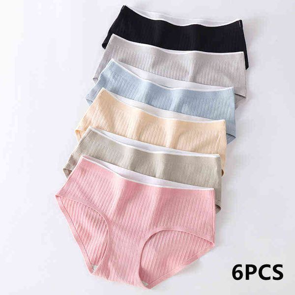 

6pcs women's underwear cotton seamless stripes panties soild color skin- friendly lingerie woman panty low waist -xl plus size t220810, Black;pink