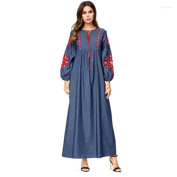 Мусульманская винтажная вышивка макси -платье абая кимоно свободно Рамадан Арабские Турецкие Исламские Женщины Длинные одежды плюс размер VKDR1507