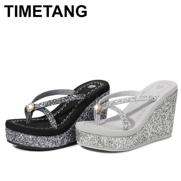 

timetangsummer platform women shoes beach sandals rhinestones sequins slope with flip flops breathable shiny wedges women 210301, Black