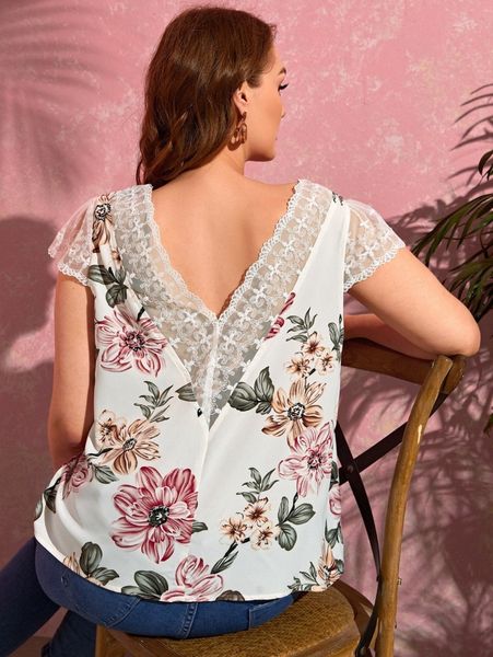 

plus floral print embroidery mesh trim blouse z4ik#, Black