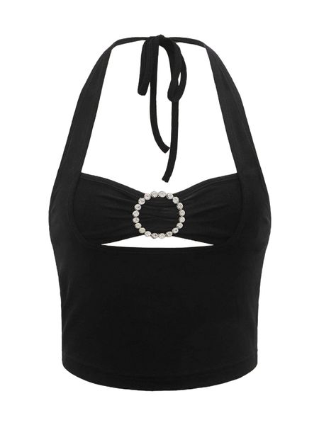 

rhinestone decor cut out front halter m98h#, White