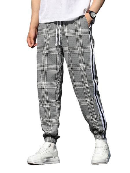 

men plaid contrast tape drawstring waist tapered pants e7wp#, Black