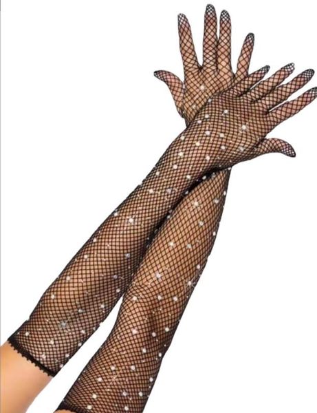 Guanti lunghi a rete con strass da donna Accessori per costumi Manica a braccio in rete Guanto da opera con glitter scintillanti per anni '80 anni '20