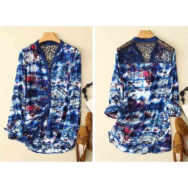 

women's knits tees foreign trade spain back shoulder hollow out embroidery lace patchwork printed long sleeve shirt comfortable in spri, White