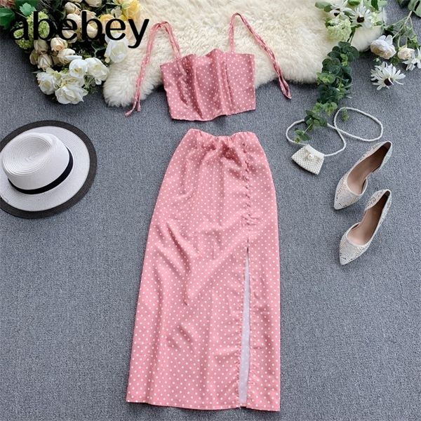 Neue Frauen Strand 2 Stück Sets Sommer Spaghetti Strap Ctop Tops Schlank Rock Dot Gedruckt Anzüge Frau Sweatsuit Rosa Outfit kleidung