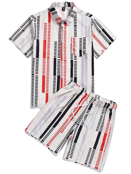 

romwe guys striped button front shirt & drawstring shorts p8x3#, Gray