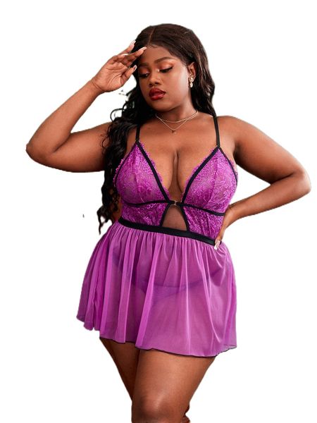 

plus mesh panel contrast tape cut out lingerie set n1jf#, Black;white