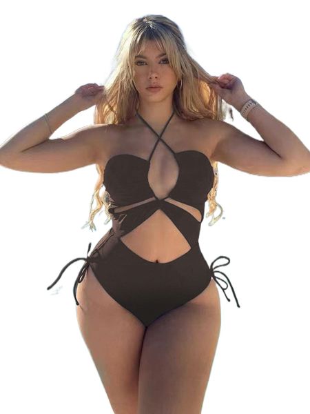 

romwe solid drawstring cut out halter one piece swimsuit n7sx#, White;black