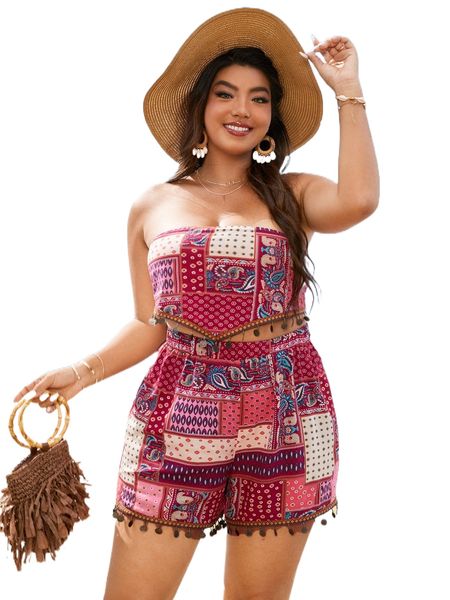 

plus patchwork print backless knot detail bandana tube & shorts d8am#, Black