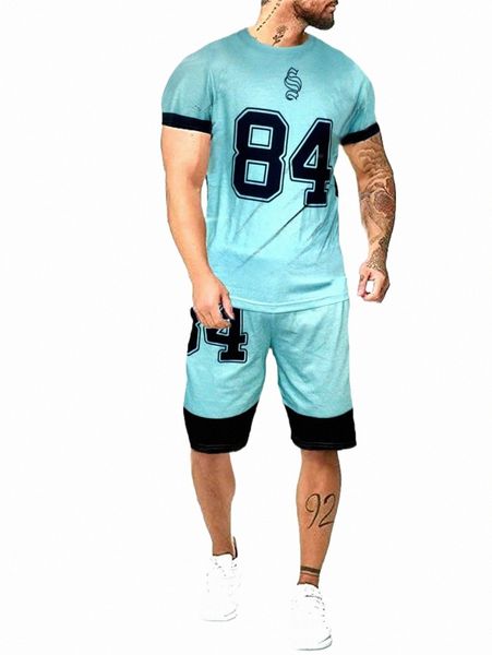 

men number print contrast trim tee & shorts v7jj#, Gray