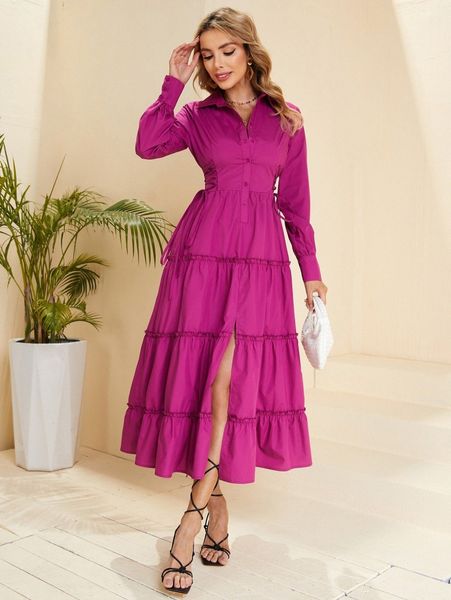 

lace up waist frill trim split hem shirt dress d5sc#, Black;gray
