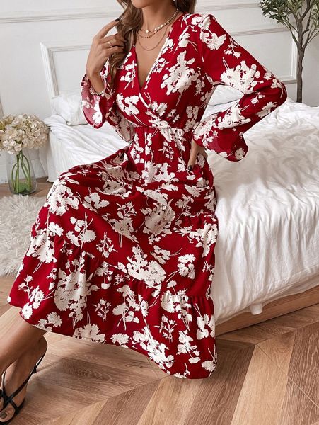 

floral print flounce sleeve overlap collar ruffle hem dress m0zz#, Black;gray