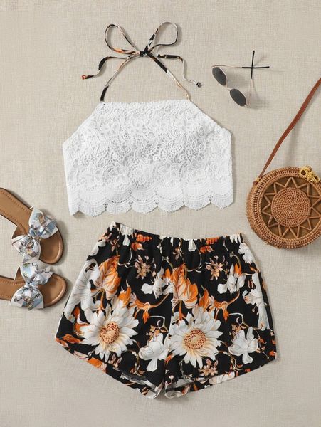 

plus scallop trim tie backless lace halter & floral print shorts k39x#, Black