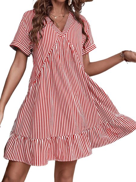 

striped ruffle hem smock dress 06se#, Black;gray
