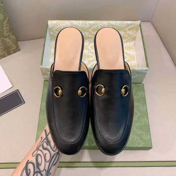

mules designers slides slippers women loafers genuine leather sandals casual shoes princetown metal chain shoe lace velvet slipper slide, Black