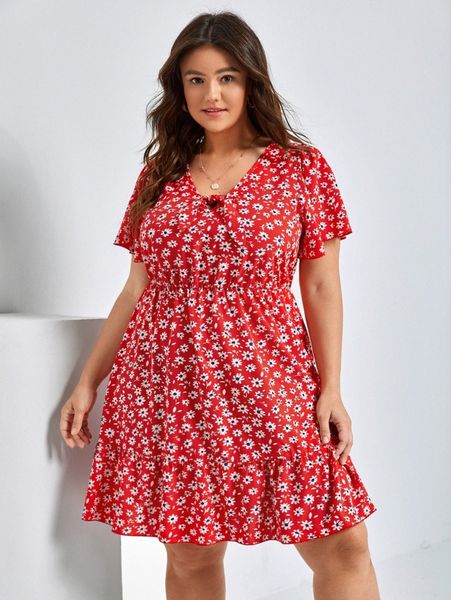 

plus floral print butterfly sleeve knot front ruffle hem dress 15fe#, Black