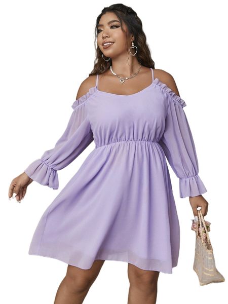 

plus cold shoulder frill trim flounce sleeve chiffon dress i1d3#, Black