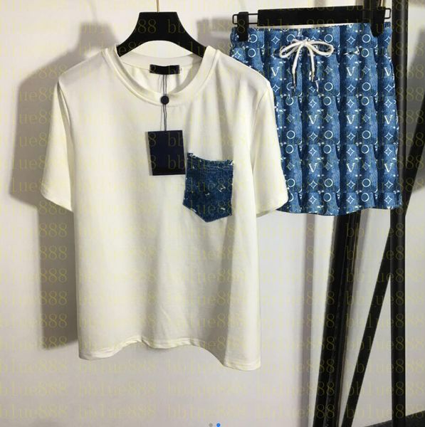 

women's new casual suits chest color-blocking pocket short sleeve t-shirt denim print elastic waist shorts, Gray