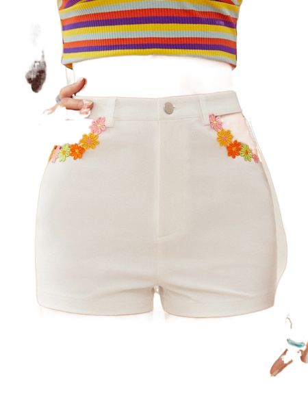 

floral applique cut out shorts i0th#, White;black