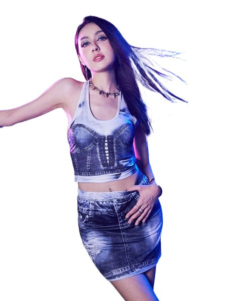 

romwe cyber luvr faux denim halter & skirt q0b8#, White