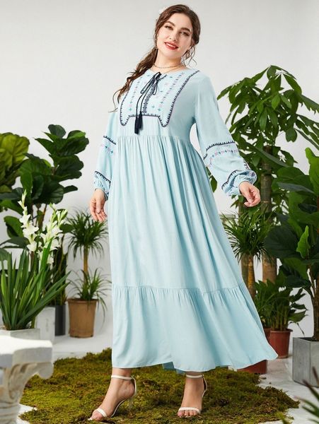 

plus embroidery tassel tie lantern sleeve ruffle hem dress d7cy#, Black