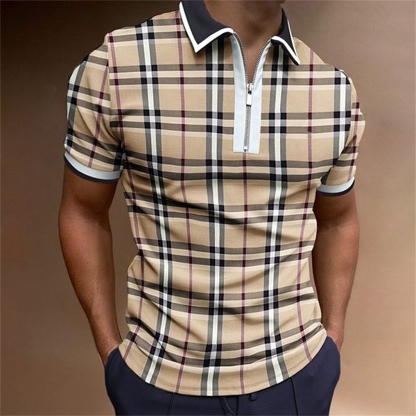 Мужские рубашки поло, летние высококачественные повседневные брендовые однотонные мужские футболки с коротким рукавом и отложным воротником на молнии, топы 220606