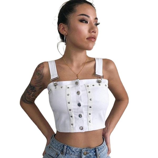 

women's tanks & camis 2021 summer womens crop hip hop buckle straps button down gothic rivet backless evening clubwear solid dotted a6, White