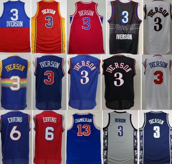 

3 allen iverson georgetown hoyas college allen iverson jerseys 3 dr j julius erving 6 wilt chamberlain 13 blue black white red men bas, Black;red