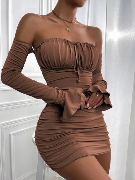 

off shoulder backless flounce sleeve ruched bodycon dress v4iq#, Black;gray