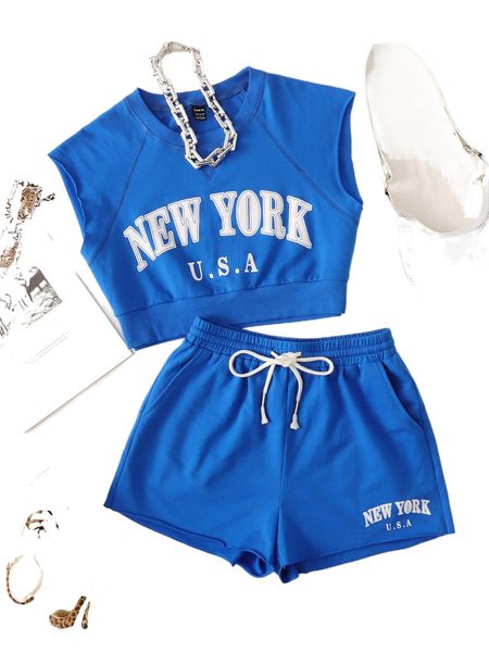 

letter graphic raglan sleeve crop & shorts set c7ab#, White