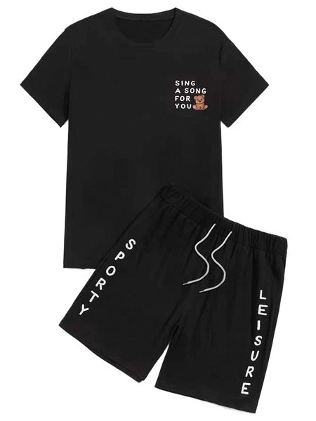

men bear & slogan graphic tee & letter graphic shorts 76hq#, Gray