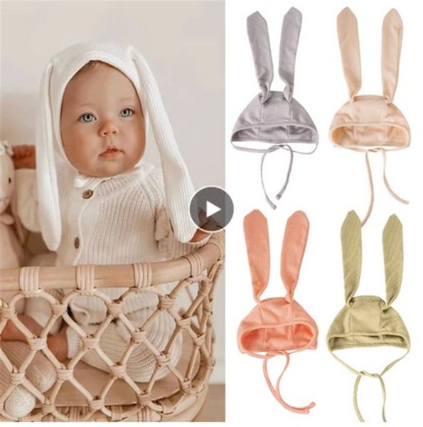 Kızlar için uzun tavşan kulakları ile sevimli bebek şapka waffle yumuşak tavşan kayışları kaput yenidoğan beanie fotoğrafçı kapak