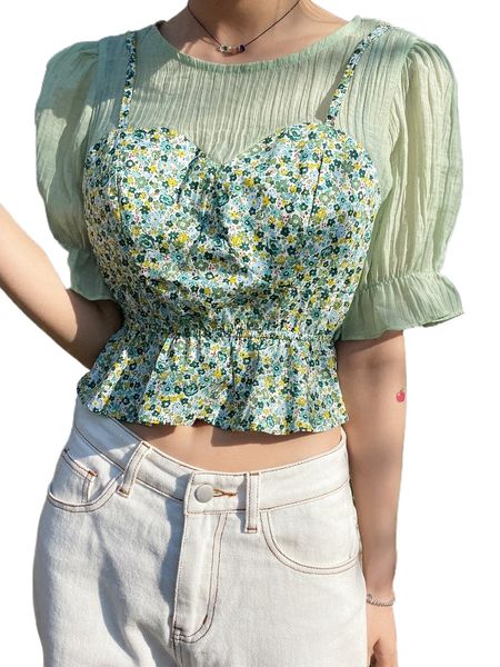 

dazy ditsy floral flounce sleeve peplum 2 in 1 crop blouse 30ji#, White