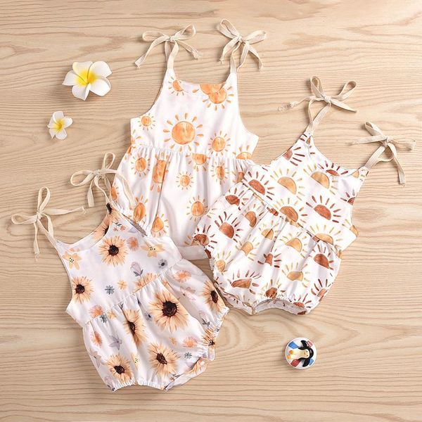 

0-24m newborn infant baby girl rompers sun sunflowe print sleeveless romper jumpsuit summer toddler clothing, Blue