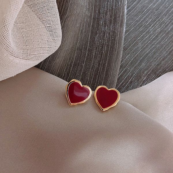 

925 silver needle romantic french red heart colored glaze earrings ins internet influencer street snap earrings sweet vitality girl eardrop, Golden