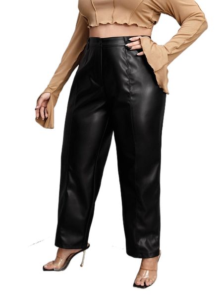 

plus high waist pu leather pants h4or#, Black