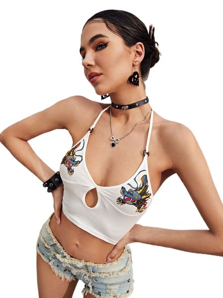

chinese dragon graphic cut out tie backless crop halter w4q4#, White