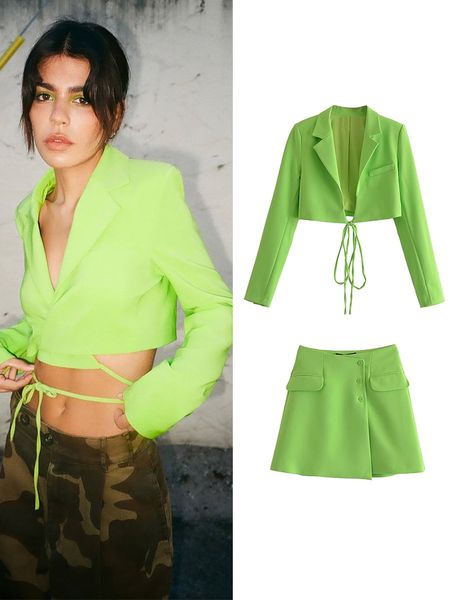 

tfmln 2pcs spring women skirts blazer suits office outfits solid color short drawstring jacket long sleeve outwear 220506, White