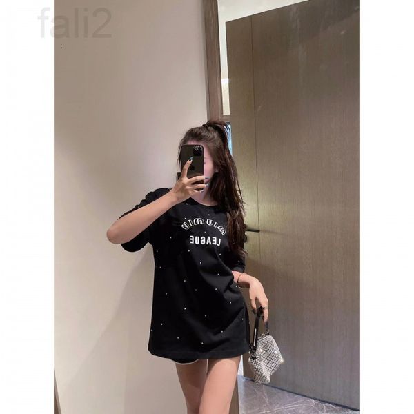 

women's t-shirt designer chaopai 22 early spring new full body drill chest print decoration short sleeve t-shirt double yarn fabric upp, White