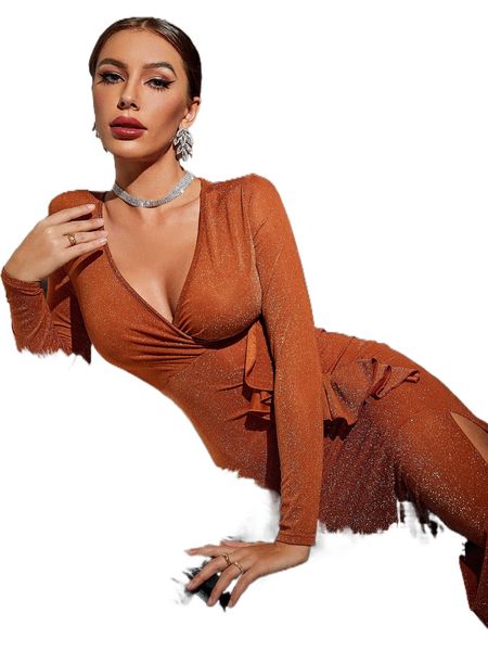 

ruffle trim draped split thigh glitter dress b7tu#, Black;gray