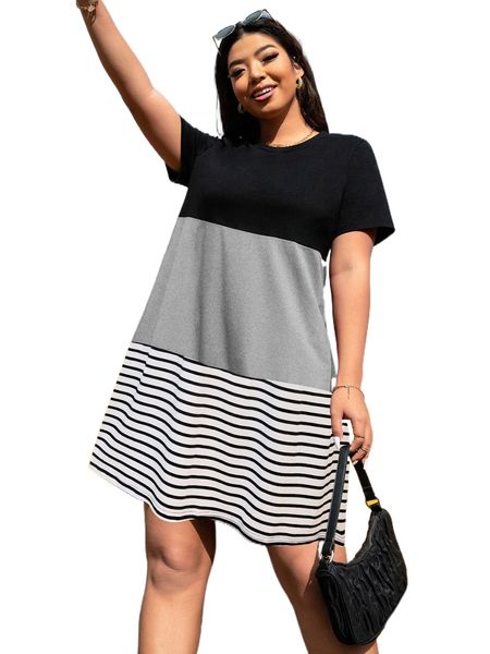 

plus striped colorblock tee dress 75fj#, Black