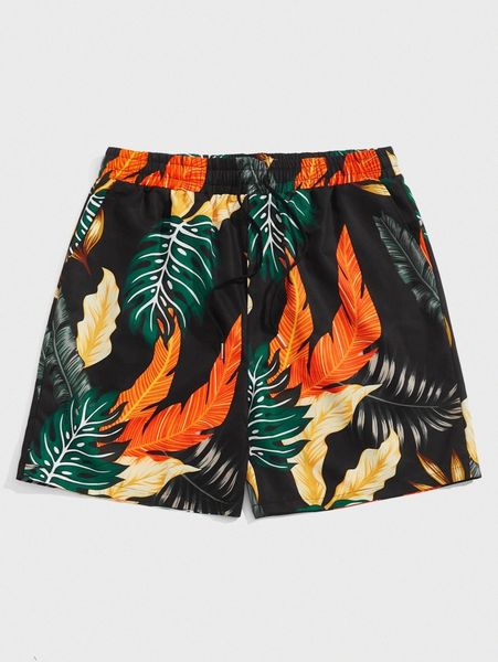 

extended sizes men tropical print drawstring waist shorts 88hk#, White;black